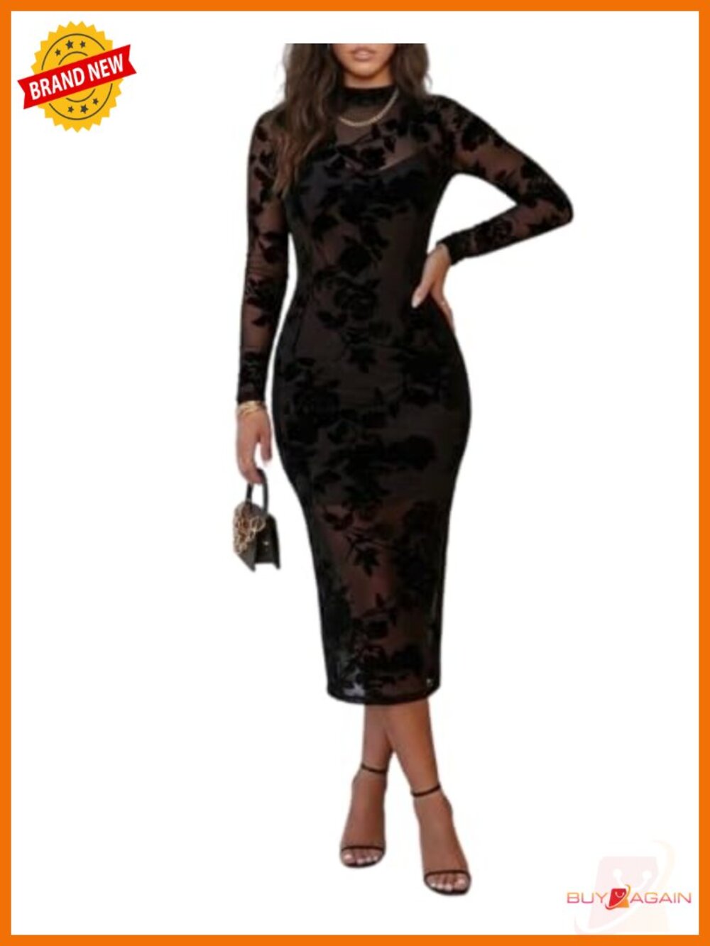 Flocked Floral Lace Long Sleeve Bodycon Midi Dress Mock Neck Formal